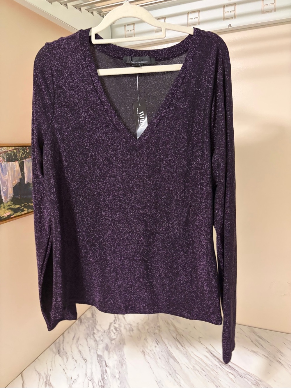NWT White House Black Market LS Sparkle Knit Top L Plum Noir Metallic V-Neck